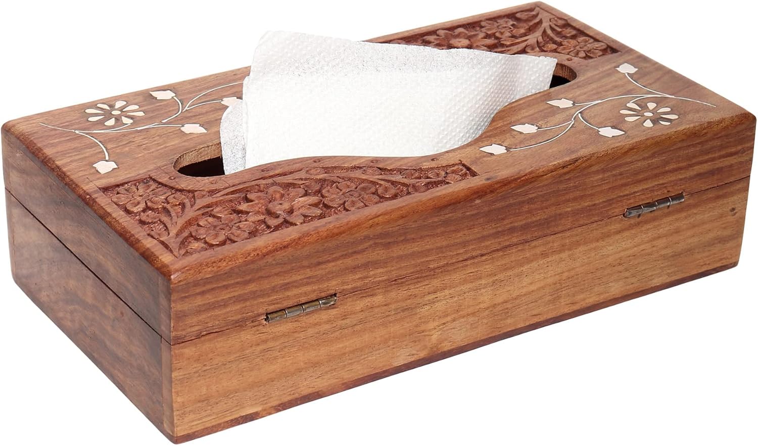 Wooden Tissue Box Cover, 9 x 5 Inch, Compatible with Pottery Barn Furniture and Decor, Anthropologie Furniture Style for Elegant Wooden Home Accessory (Carving White)